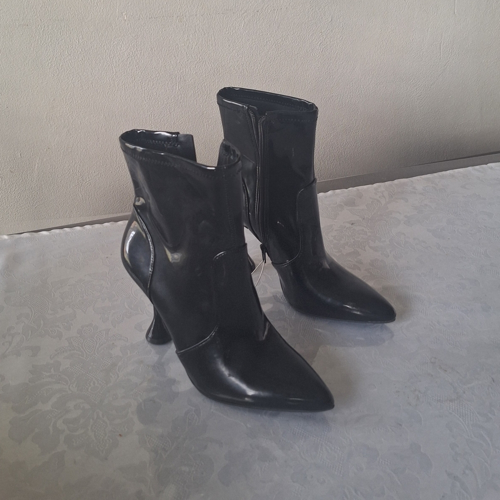 INC International Concepts Shiny Black Pointed Toe Mid-Calf Heeled Boots